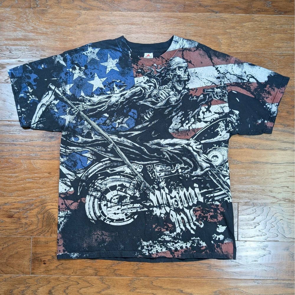 Miami Ink Mens XL 22.5x27.5 T-Shirt Skeleton Reaper Motorcycle American Flag Y2K